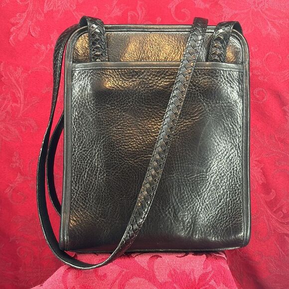 Vintage Brighton Black Leather Crossbody Messenger Bag Braided Pattern - Picture 2 of 15